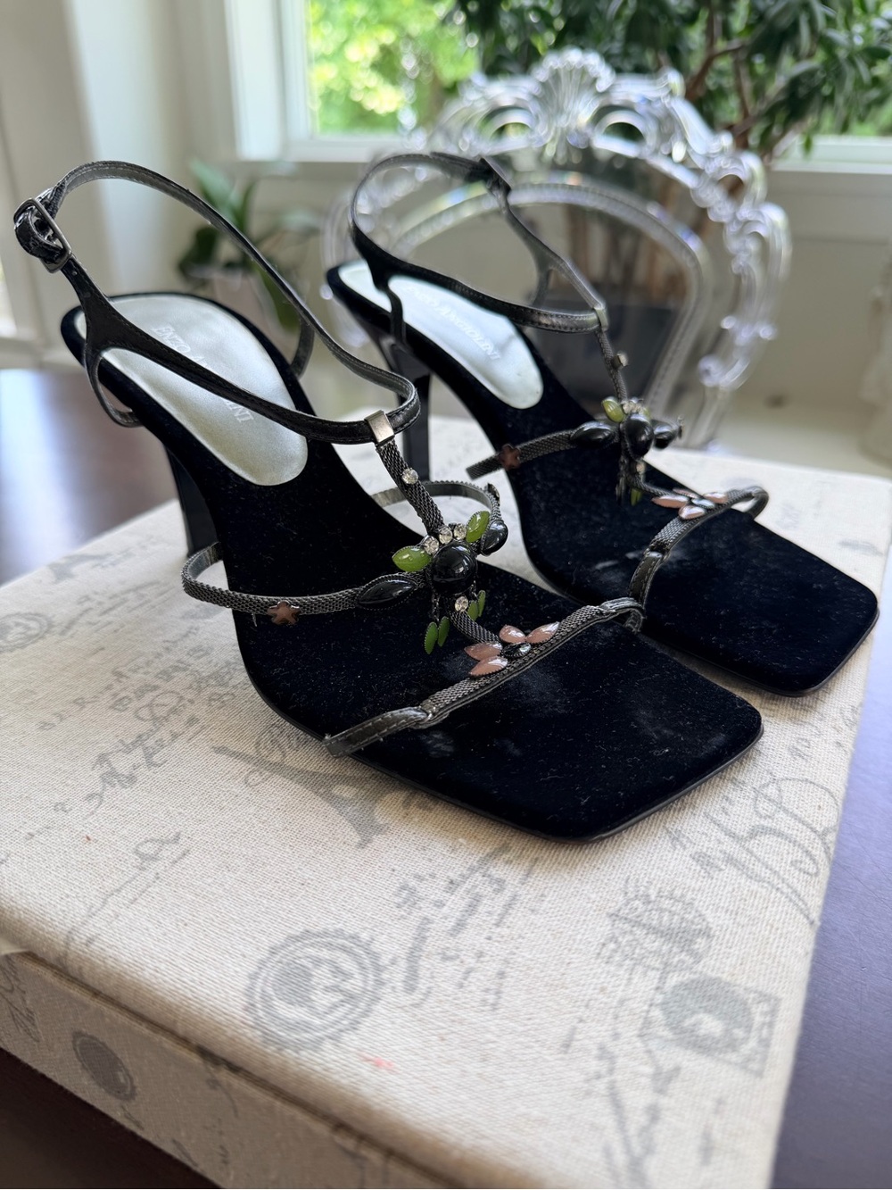 Enzo Angiolini Black Strappy Heels with Green and Pink Bead Accents
